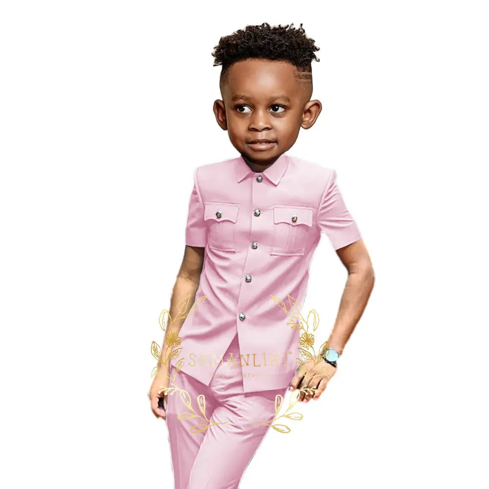 Boys Suit Black 2 Pieces Short Sleeve Party Tuxedo Formal Wedding Kids Clothes Indian Style Blazer Pants 2-16 Years Old