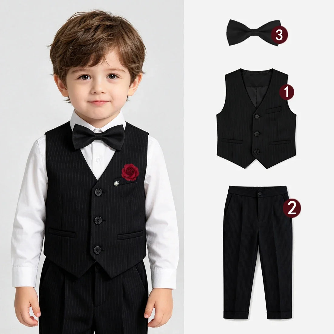 Boys Stripe Wedding Suit Set Kids Gentleman Costume Blazer Vest Pants Bow Tie Outfit for Banquet Christening Formal Party