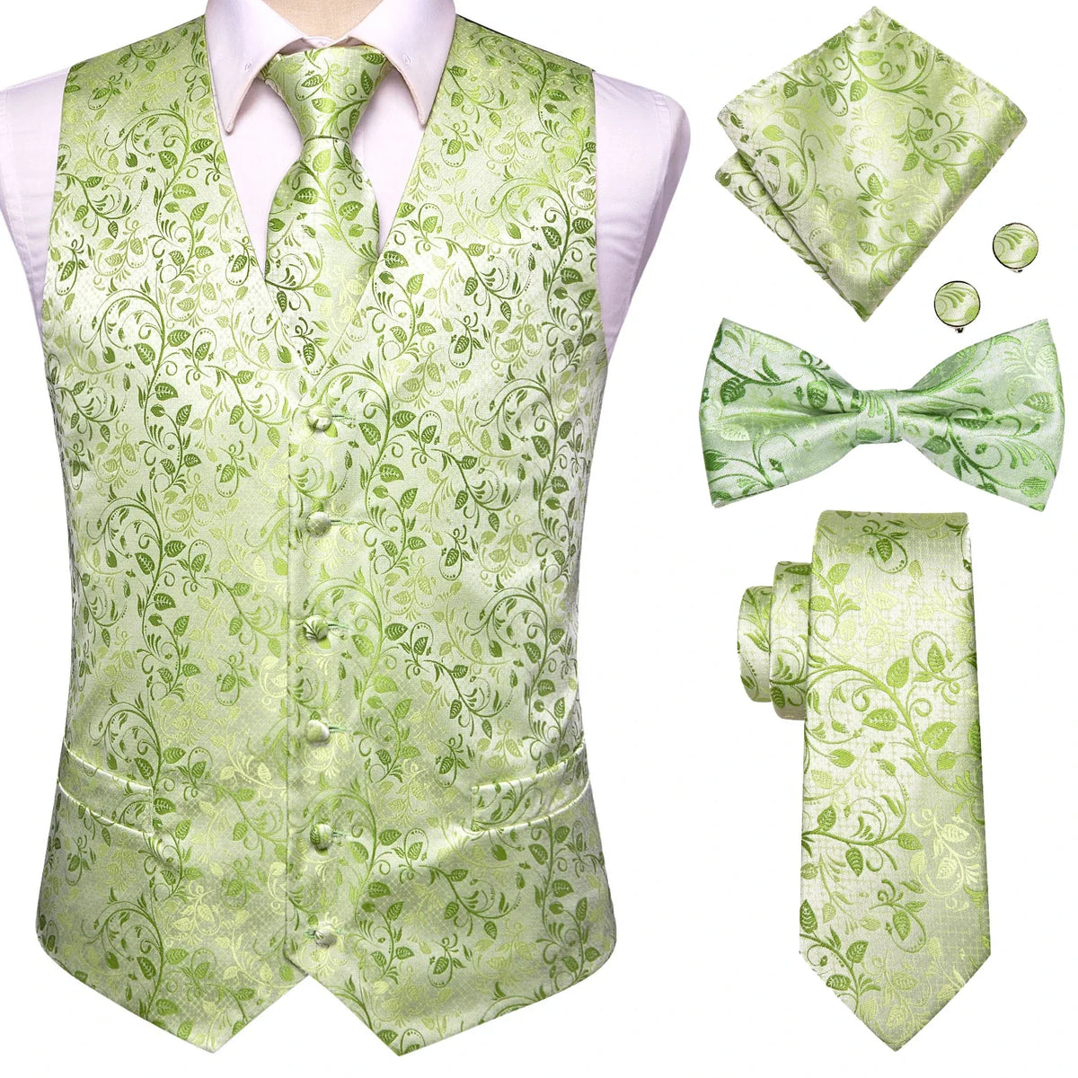 Men's Suit Vest Set – Broadcloth Waistcoat with Tie, Bowtie, Hanky & Cufflinks for Weddings & Office