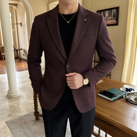 Men's Blazer Slim Fit Single-Breasted Casual Jacket in Wine Red