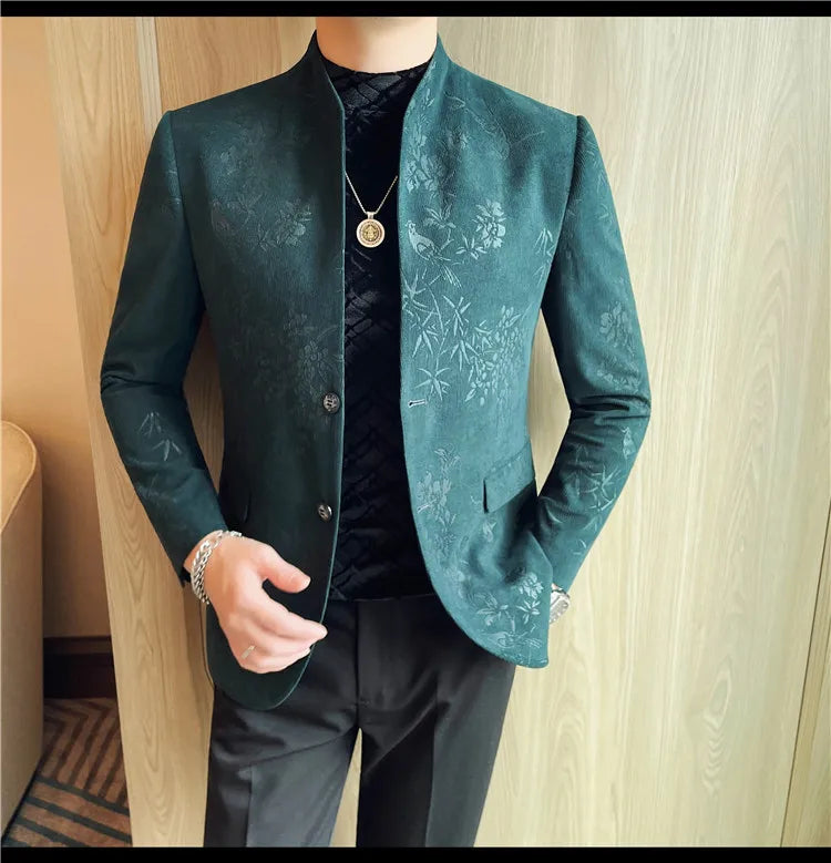 2025 Spring Trendy Jacquard Suit Jacket Men Stand Up Collar Casual Blazers Slim Wedding Business Streetwear Social Dress Coats