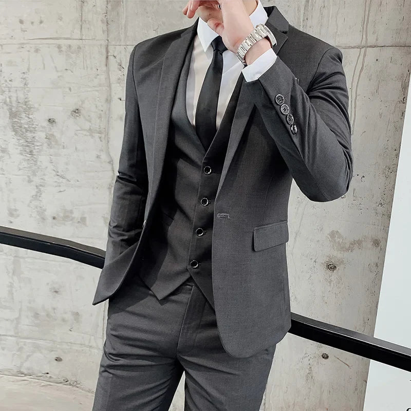 Men's Three-Piece Formal Suit – Solid Color Single-Breasted Blazer, Vest & Pants for Business, Wedding & Banquet