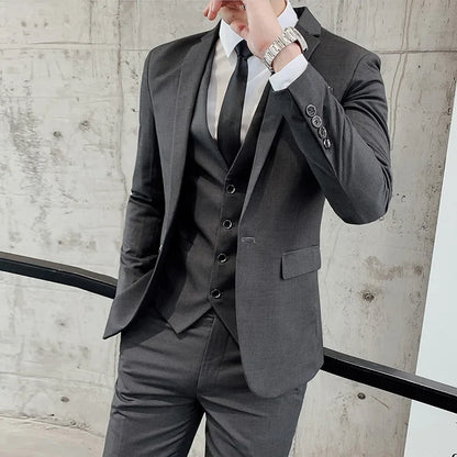 Men's Three-Piece Formal Suit – Solid Color Single-Breasted Blazer, Vest & Pants for Business, Wedding & Banquet