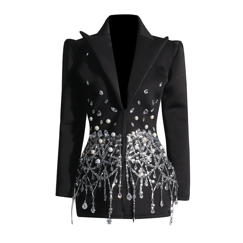 Sexy Socialite Style Blazer Dress 2025 Spring Autumn New Women's Turn-Down Collar Long Sleeve Sequin Diamond Jacket  HK8313