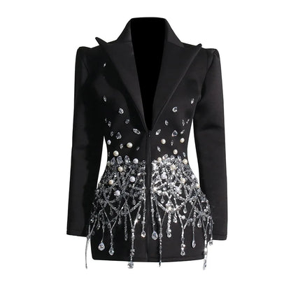 Sexy Socialite Style Blazer Dress 2025 Spring Autumn New Women's Turn-Down Collar Long Sleeve Sequin Diamond Jacket  HK8313