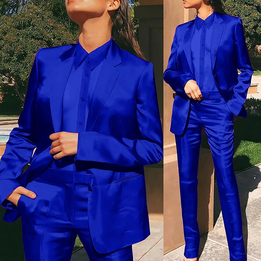 Women’s Red Satin Suit 2 Piece (Jacket+Pants) Set Gorgeous Single-breasted Blazer for Evening Party Formal Cocktail Streetwear