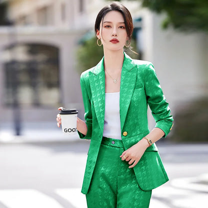 Fashion Ladies Formal Pant Suit Women Houndstooth Single Button Jacket And Trouser Female Business Work Wear 2 Piece Blazer Set
