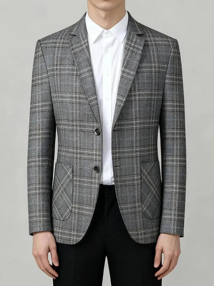2026 Spring Autumn New Men's Business Casual Plaid Blazer Wrinkle-Free Suit Jacket Youth Single Suit Outerwear Spring Wear
