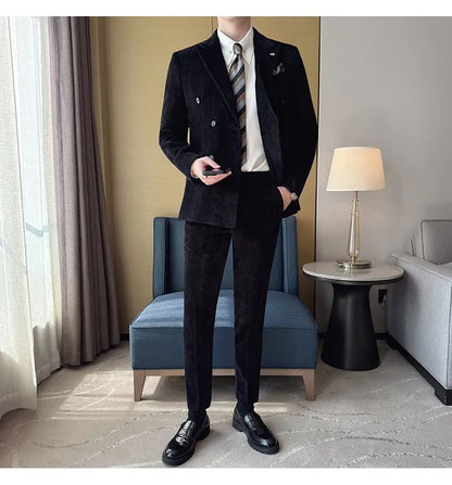 2025 Winter Woolen Men's Wedding Groom Suit Double Breasted Suit 3 Piece Set Business Casual Office Work Party Prom Dress Suits