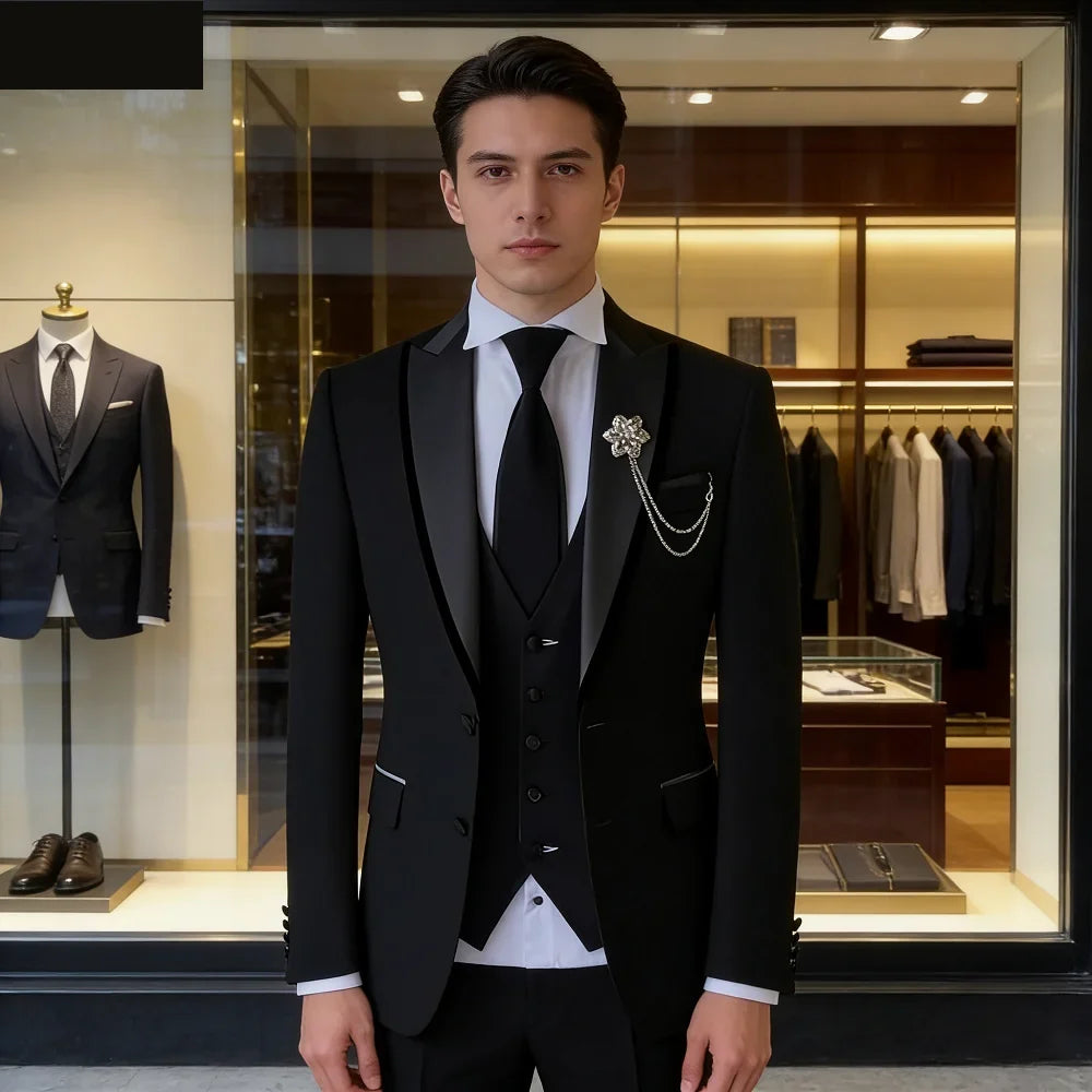 Costume 3 pièces ajusté pour homme avec blazer, gilet et pantalon, pour mariage ou soirée, smoking de luxe
