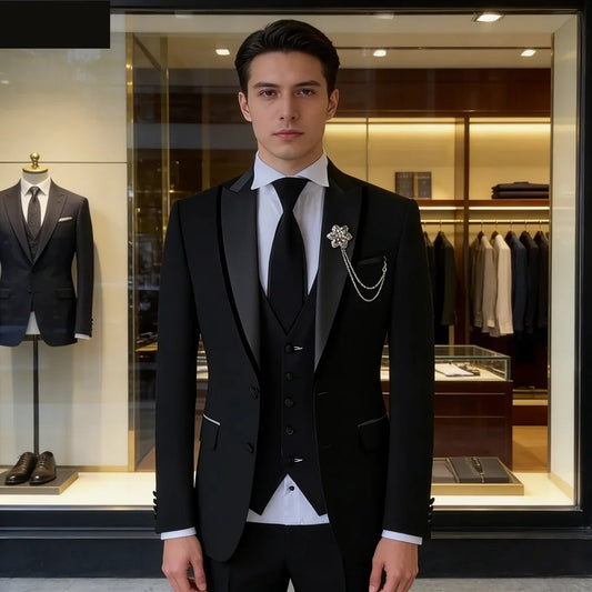 Men's Solid Slim Fit 3-Piece Business Suit Set with Blazer Vest And Pants for Wedding Party Luxury Fashion Tuxedo