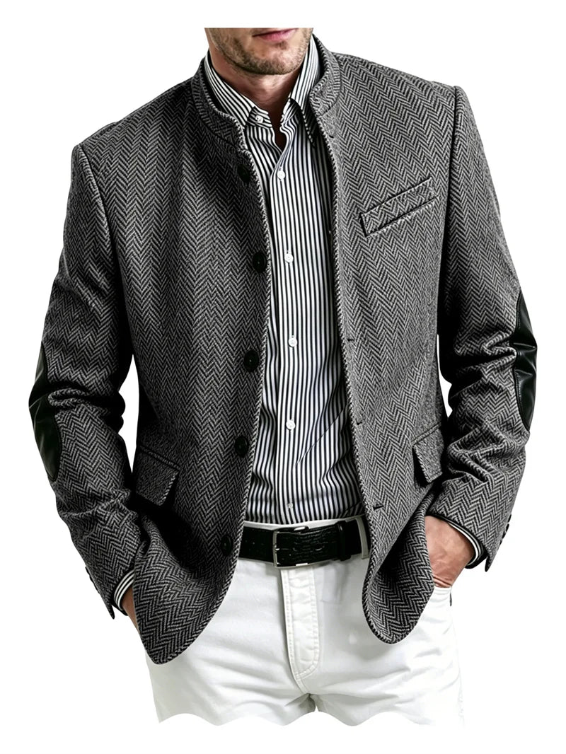 Men's Herringbone Tweed Blazer With Elbow Patches Retro Stand Collar Jacket Slim Fit Daily Party Business Casual Sport Coat ﻿