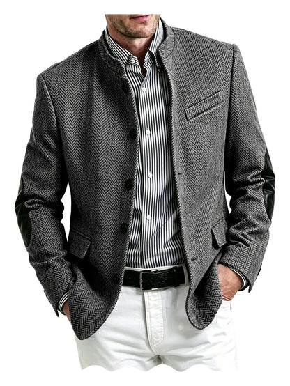 Men's Herringbone Tweed Blazer With Elbow Patches Retro Stand Collar Jacket Slim Fit Daily Party Business Casual Sport Coat ﻿