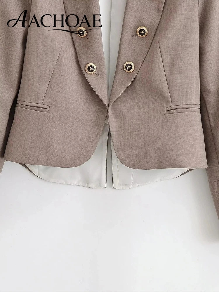 Elegant Women Cropped Blazer Jacket Double Breasted Button Slim Fit Short Suit Coat Office Lady Chic Tailored Blazer Top