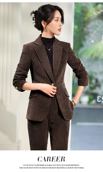 2024 Autumn New Corduroy Elegant Pant Suit Ladies Formal Business Work Wear 2 Piece Set Green Wine Jacket Blazer And Trouser
