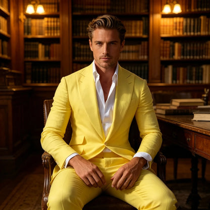 Men's Suit Yellow 2 Piece Set Peak Lapel Slim Fit Single Breasted Casual Comfortable Suit Formal Groom Best Man Dress for Party