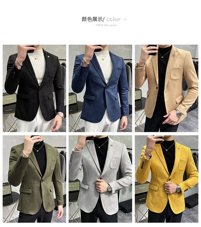 Deerskin Leather Jacket Blazer Men Casual Slim Fit Blazer Hombre Suit Leather Jacket Men Terno Masculino Men Clothing 6 Color