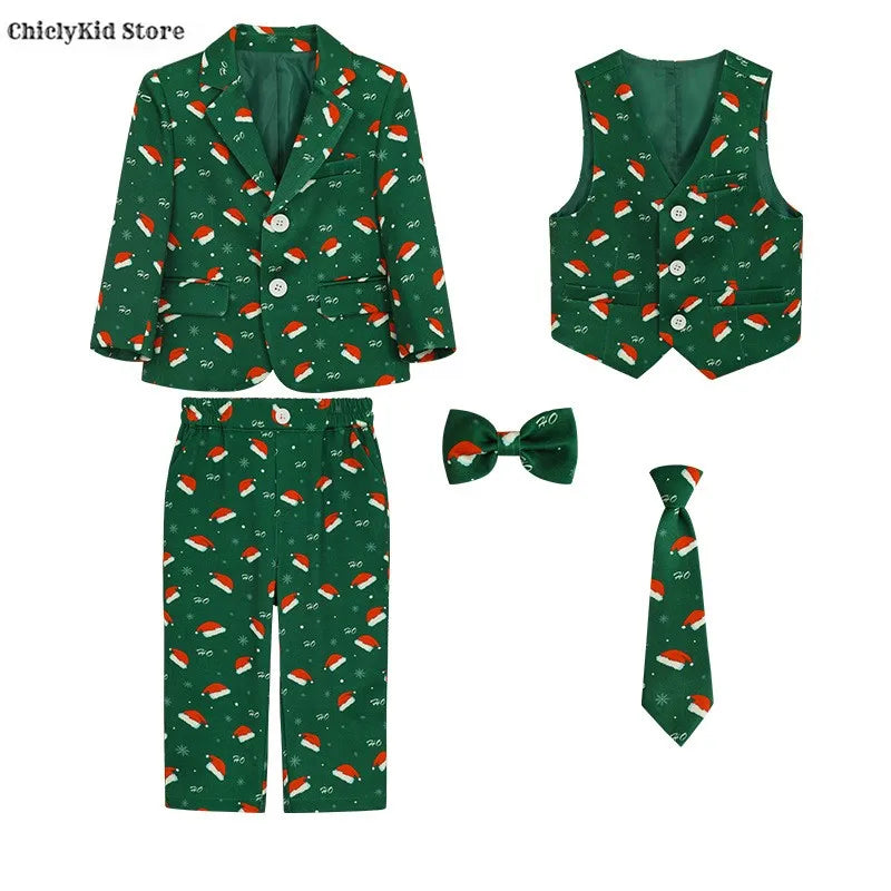 Boys Christmas Blazer Jacket Waistcoat Pants Wedding Suits Kids Morning Coat Formal Dress Children Tuxedos Toddler Clothes Sets