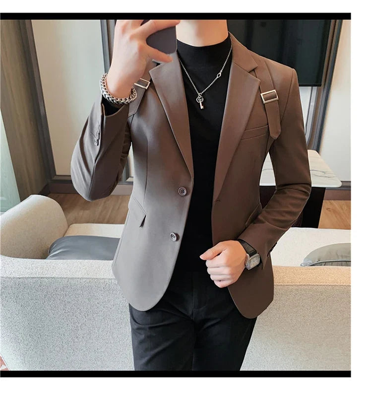 2024 Autumn Winter New Strap Decoration Suit Jacket for Men Fashion Slim Casual Business Blazers Groom Wedding Social Tailcoat