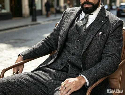 Dark Gray/Brown 3 Pieces Tweed Herringbone Men's Business Suits Single Breasted Slim Fit Jacket Wedding Suits(Blazer+Vest+Pants）