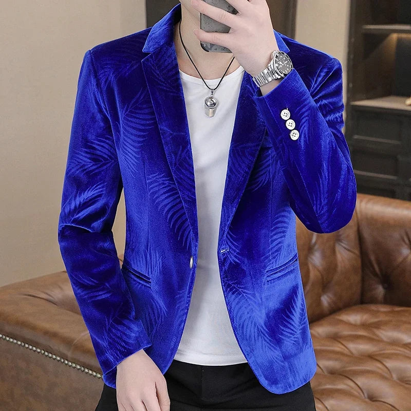 Men's Slim Fit Velvet Blazer – Bamboo Leaf Print Smart Casual Suit Jacket