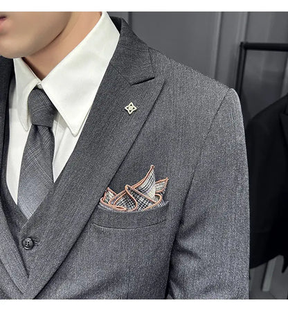 Men's 3 Piece Suit Set Double‑Button Slim Fit Solid Color Business Casual Wedding Party Jacket Vest Pants Formal Outfit for Men