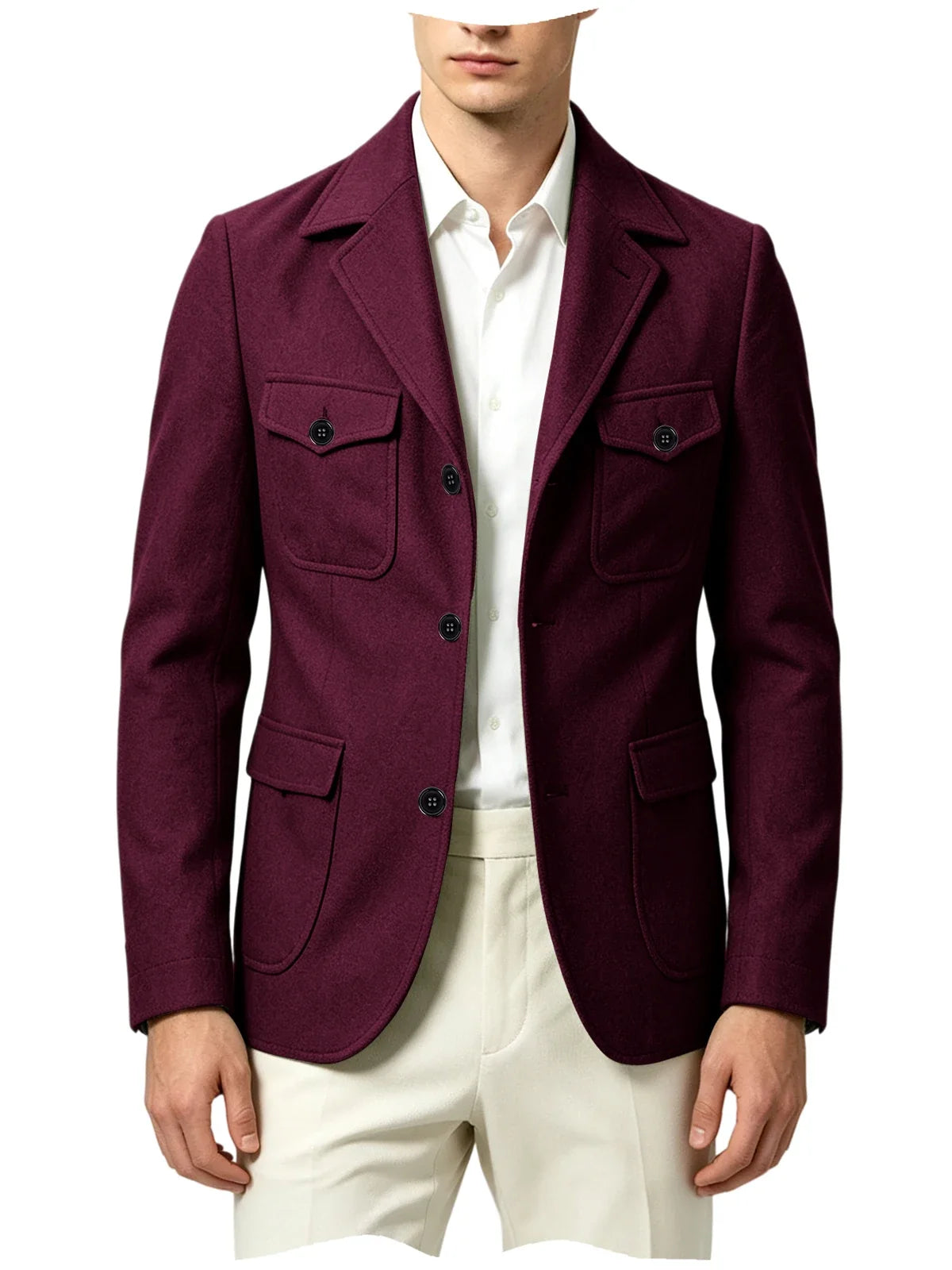 Men's Wool Blazer Notched Lapel Slim Fit 3 Buttons Suit Jacket Multi Pockets Casual Business Autumn Winter Dress Coat Daily Wear