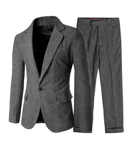 Costume d'Hiver 2 Pièces Gris/Marron Chevrons pour Homme, Laine Tweed, Coupe Cintrée, Formel, Mariage, Tuxedo, Costumes d'Affaires de Bureau