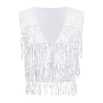 Women's Fringe Vest Clubwear Jazz Modern Dance Waistcoat Glitter Tassel Sleeveless Jacket Sequins Vests Music Festival Costumes