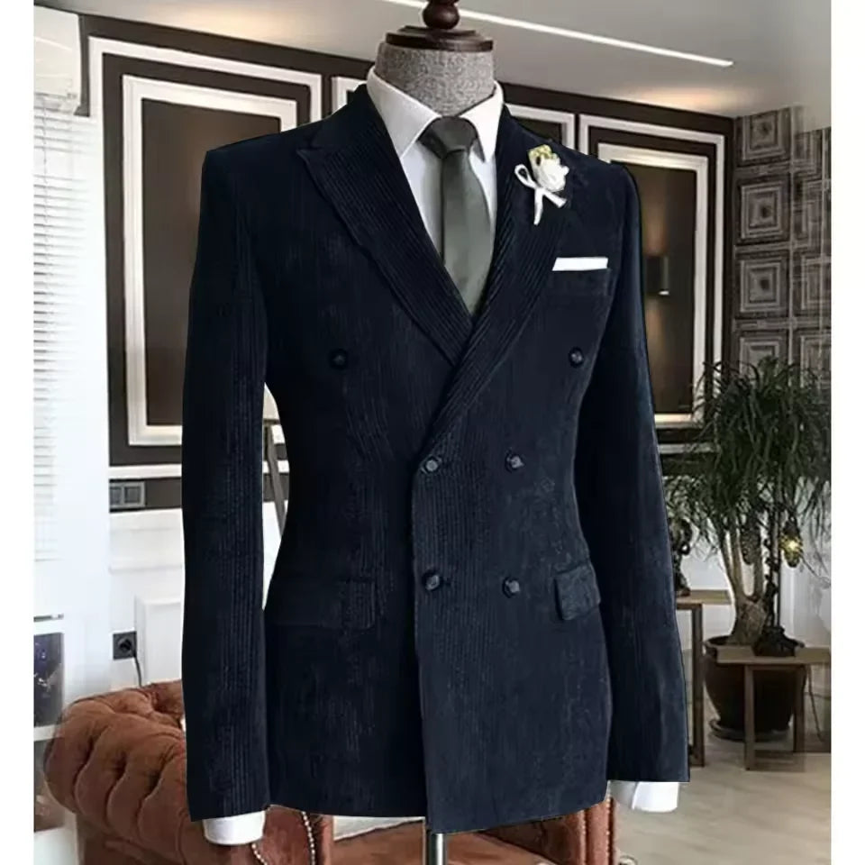 Men's Corduroy Suit 2 Piece – Double Breasted Slim Fit Blazer and Pants for Wedding, Business, and Formal Events