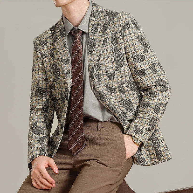 Autumn Winter Cashew Plaid Suit Jacket Men Fashion Casual Embroidered Jacquard Suit Jackets Business Social Party Men Blazers