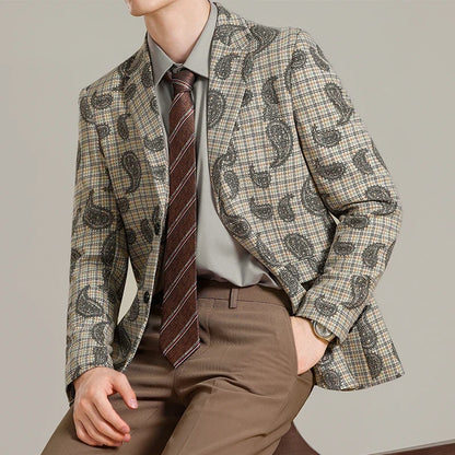 Autumn Winter Cashew Plaid Suit Jacket Men Fashion Casual Embroidered Jacquard Suit Jackets Business Social Party Men Blazers