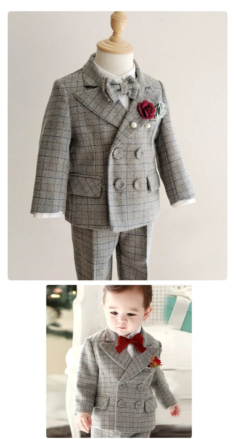 Kids Boys Gentleman Plaid Suit Outfit Jacket Pants Suspenders Bow Tie Formal Wedding Party Photograph Costume for Baby Boy Cloth
