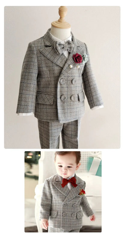 Kids Boys Gentleman Plaid Suit Outfit Jacket Pants Suspenders Bow Tie Formal Wedding Party Photograph Costume for Baby Boy Cloth