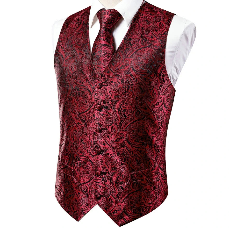 Men's Suit Vest Set Red Paisley Waistcoat with Tie Pocket Square Cufflinks for Weddings
