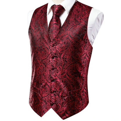 Men's Suit Vest Set Red Paisley Waistcoat with Tie Pocket Square Cufflinks for Weddings