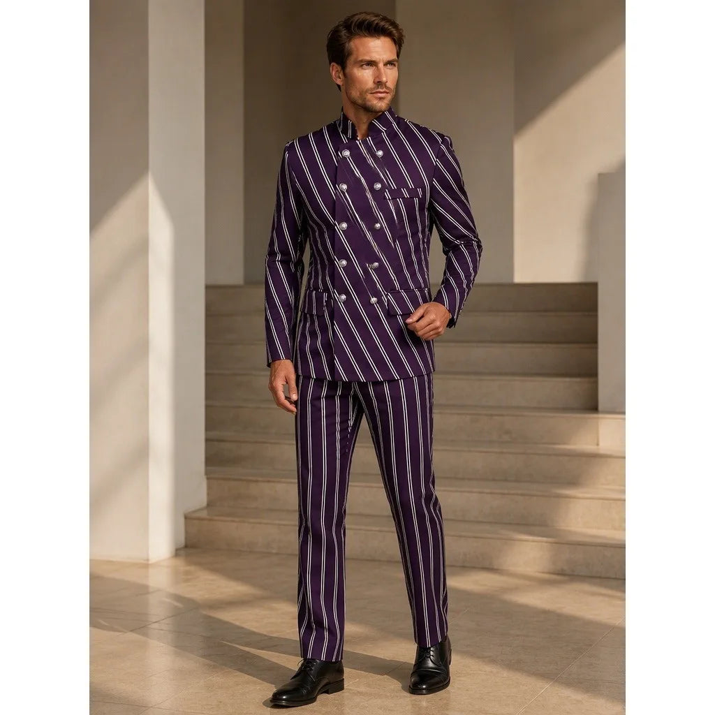 Men's Casual Business Striped 2 Piece Suit Stand Collar Double Breasted Slim Fit Wedding Groom Blazer Pants Set Formal Party Men