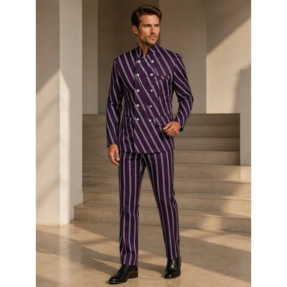 Men's Casual Business Striped 2 Piece Suit Stand Collar Double Breasted Slim Fit Wedding Groom Blazer Pants Set Formal Party Men