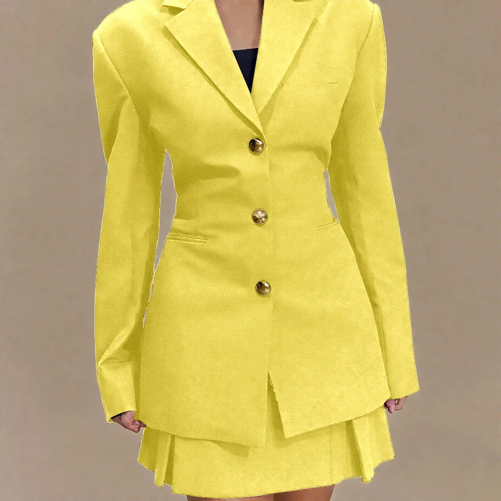 Women's Pleated Skirt Suit Set 2025 2Pieces(Tailored Blazer&High Waist Skirt) Office Chic Single-breasted Notch Lapel Outfit
