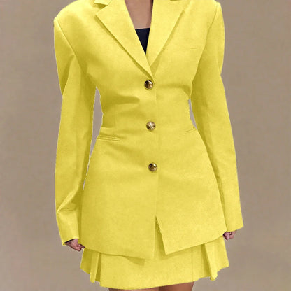 Women's Pleated Skirt Suit Set 2025 2Pieces(Tailored Blazer&High Waist Skirt) Office Chic Single-breasted Notch Lapel Outfit