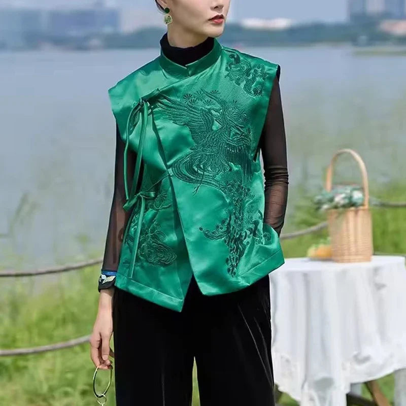 Vintage Chinese Style Vest Outerwear White Crane Embroidered Lacing Waistcoat 2025 Spring Summer Elegant Women's Clothing