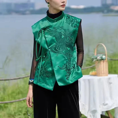 Vintage Chinese Style Vest Outerwear White Crane Embroidered Lacing Waistcoat 2025 Spring Summer Elegant Women's Clothing