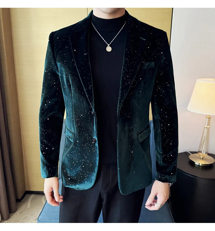 2025 Autumn New Velvet Jacket Men's Blazer Business Fashion Hot Stamping Printed Suit Jacket High-quality Luxury Dress Suit