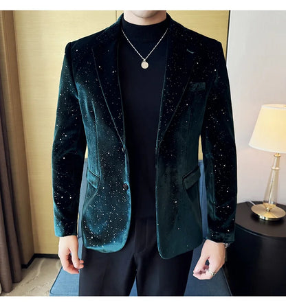 2025 Autumn New Velvet Jacket Men's Blazer Business Fashion Hot Stamping Printed Suit Jacket High-quality Luxury Dress Suit