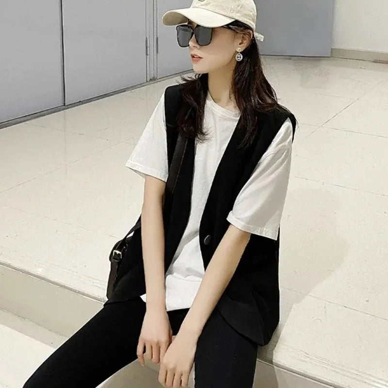 Spring Autumn Ladies Solid Sleeveless Vest Jacket Feminine V-neck Blazer Waistcoat Tops Coat Korean Women Fashion Leisure Suit