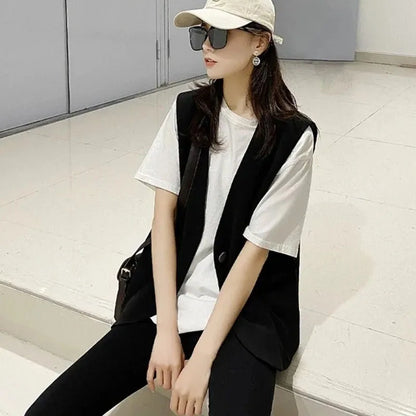 Spring Autumn Ladies Solid Sleeveless Vest Jacket Feminine V-neck Blazer Waistcoat Tops Coat Korean Women Fashion Leisure Suit