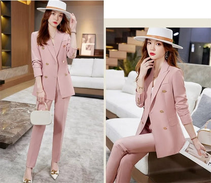 2025 Button Decoration Formal Jacket Blazer and Trouser 2 Piece Set Fashion Pink Green Black Ladies Work Wear Pant Suit Women