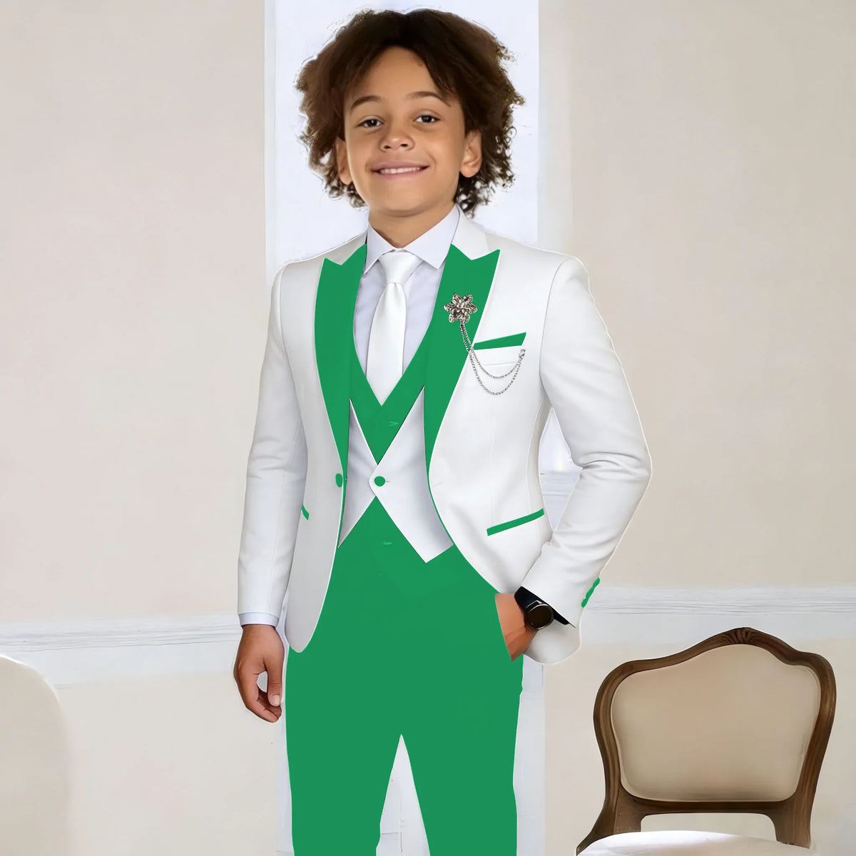 White Suit for Boys Fashion Formal Flower Boys Wedding Tuxedos 3-Piece Set (Jacket Pants Vest) Party Slim Fit Suit Kids Clothes