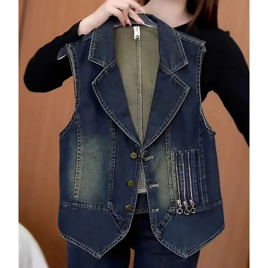 Korean Ladies Large Size 4XL Cowboy Waistcoat Tops Female Leisure Short Vest Coat Autumn Women Nostalgic Sleeveless Jacket