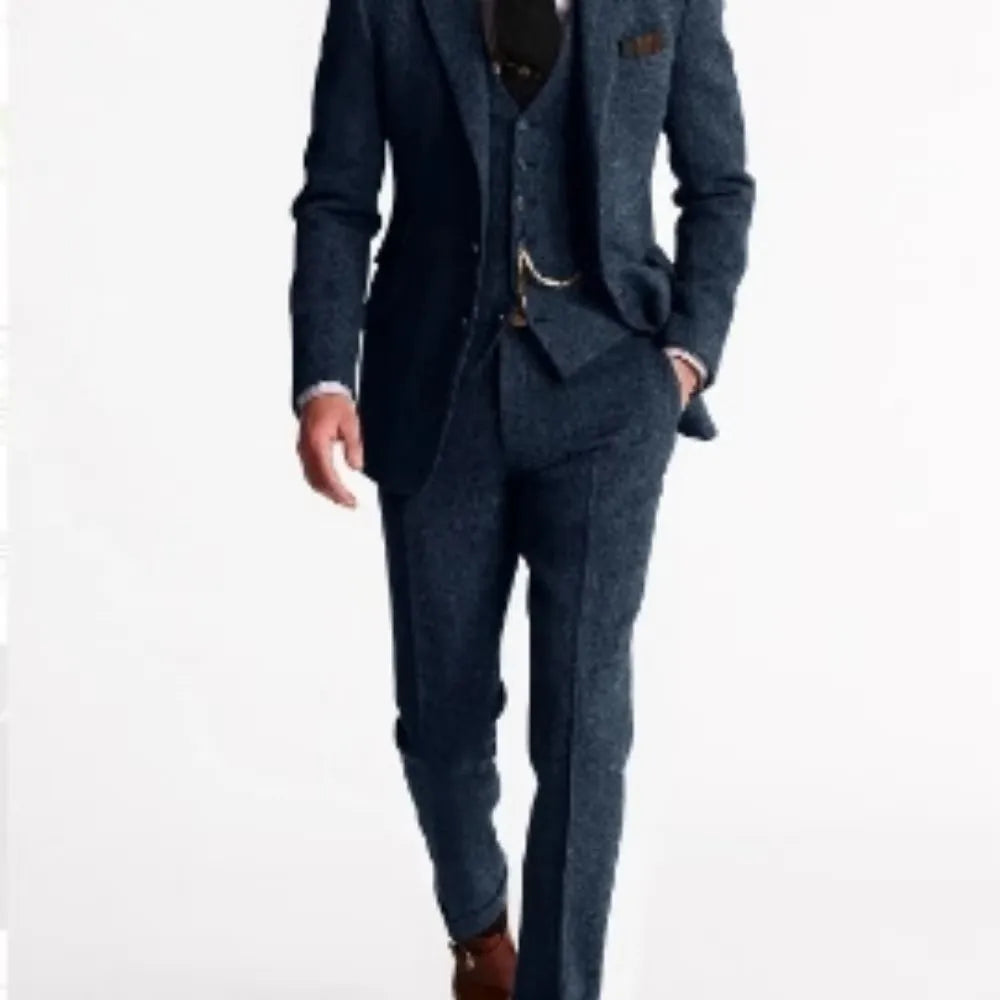 3 Piece Grey/Brown Mens Tweed Herringbone Slim Fit Wedding Suits Prom Tuxedos Notch Lapel Blazer for Business(Blazer+Vest+Pants)